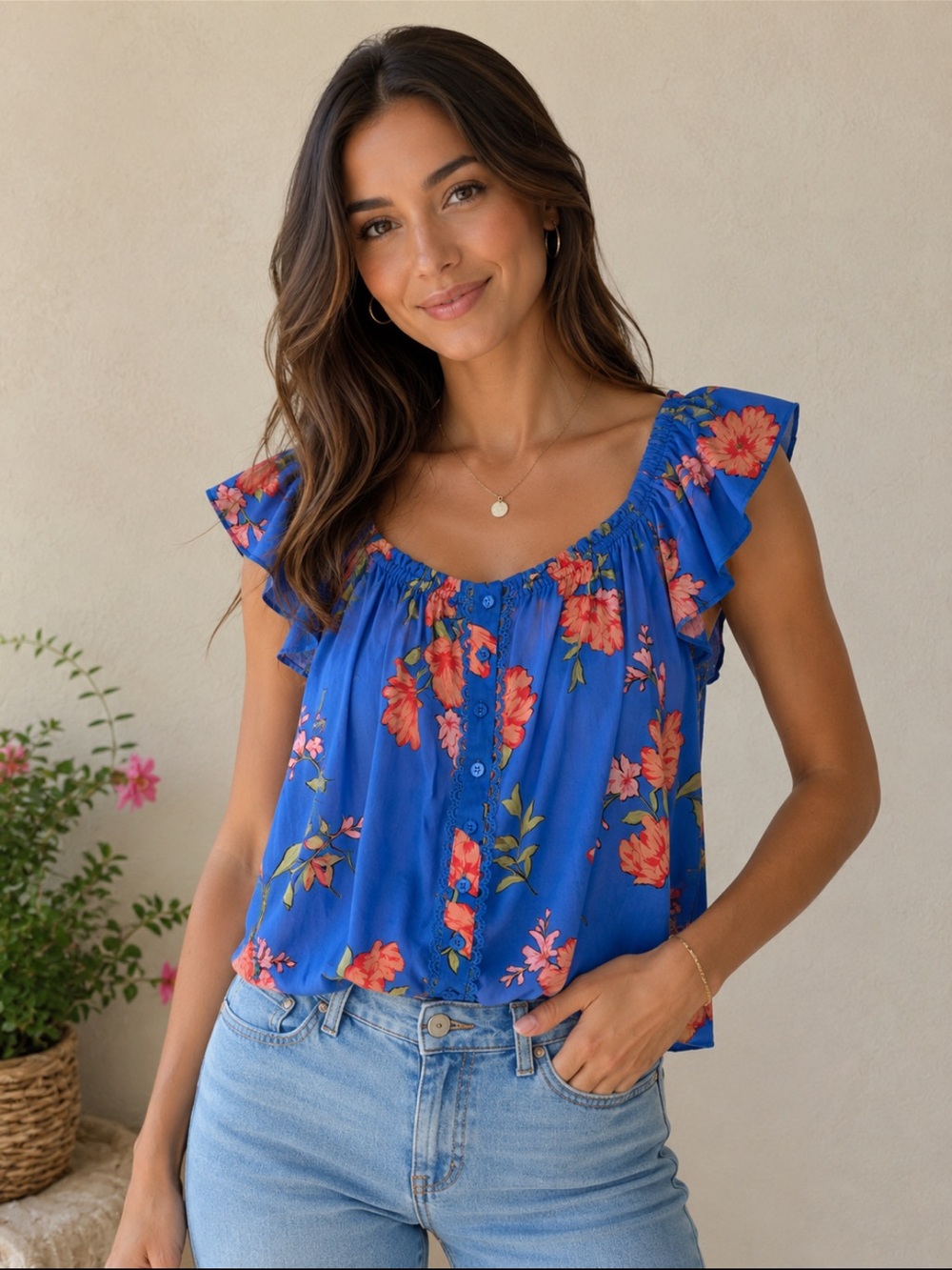 Vibrant Boho Jessica Simpson Floral Ruffle Sleeve Top in Blue Size M - Picture 1 of 7